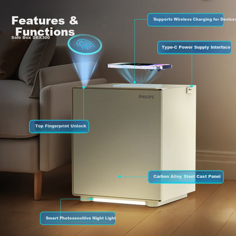 PHILIPS Safe, Home Bedside Cabinet-Style, Wireless Charging, Smart Alarm, Fingerprint Password Key, Office Safekeeping Box, Safe SBX300, Smoke White