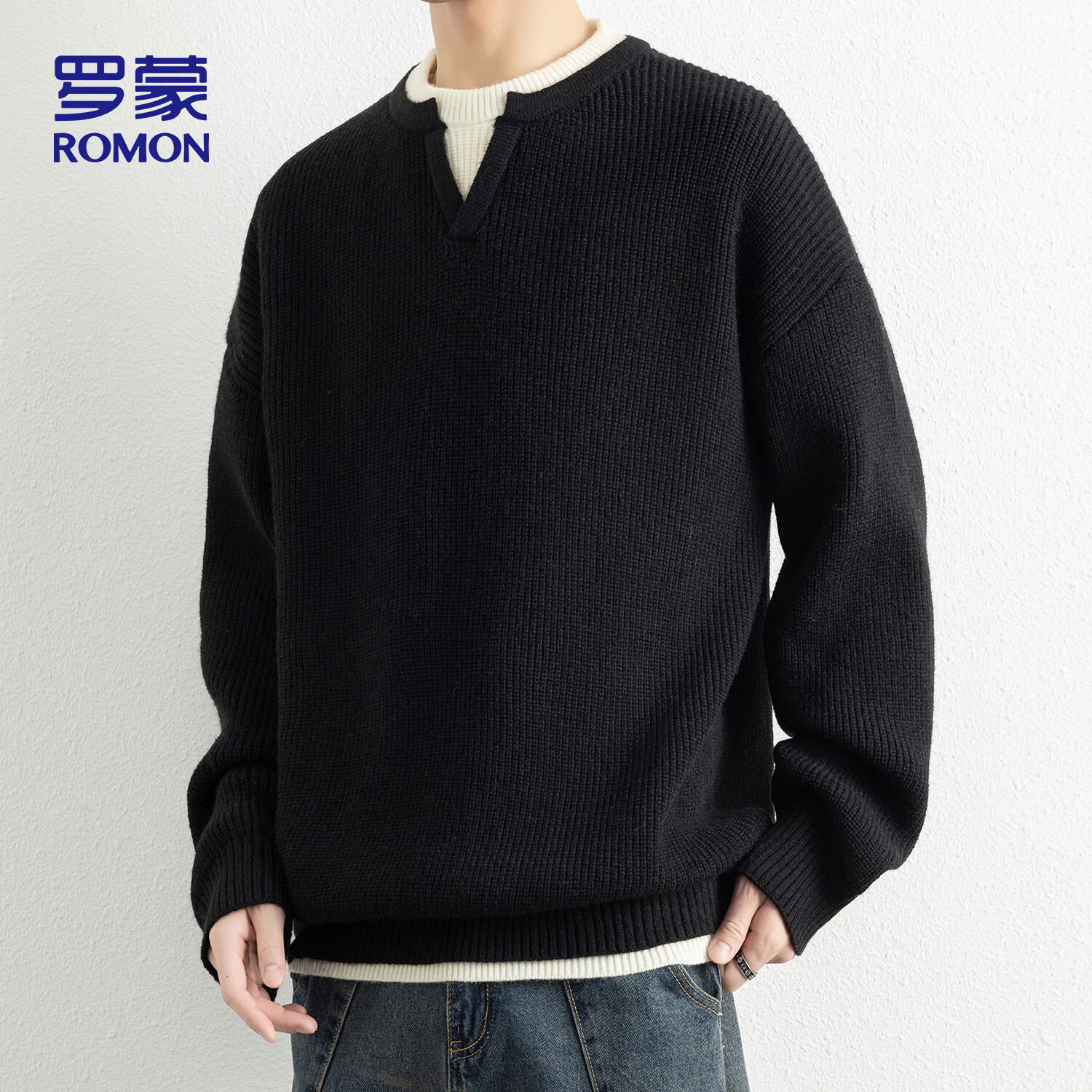 ROMON Men's Autumn Thickened Knitted Sweater, Round Neck, Fake Two-Piece Casual Versatile Pullover, Black 3XL ZH6012