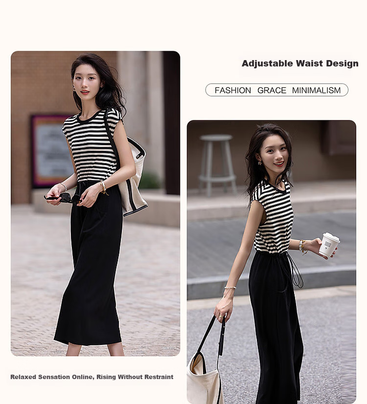 Dme [Striped Variations] Summer Design-Inspired Patchwork Waist-Adjustable Comfortable Slimming Midi Dress for Wome 4