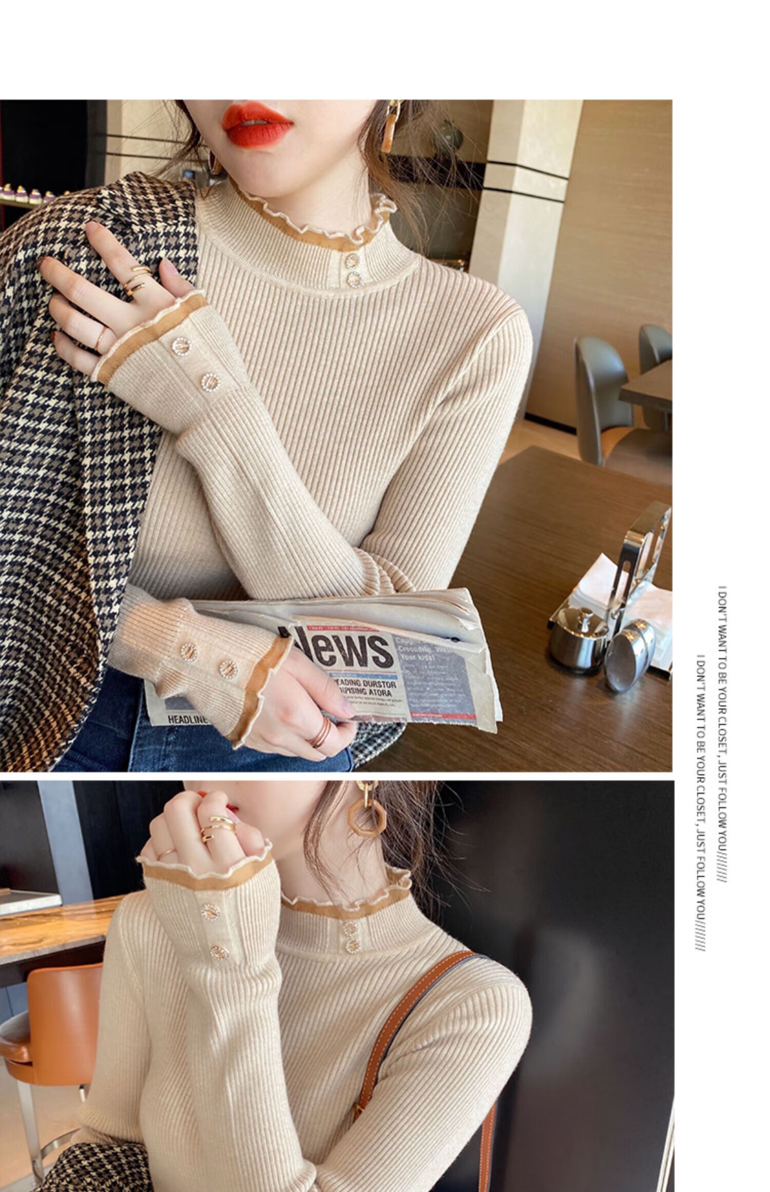 LangSha Women's Sweater Autumn Winter 2025 New Stylish Knitwear Semi-Turtleneck Slim Lace Fleece Lined Base Shirt 11