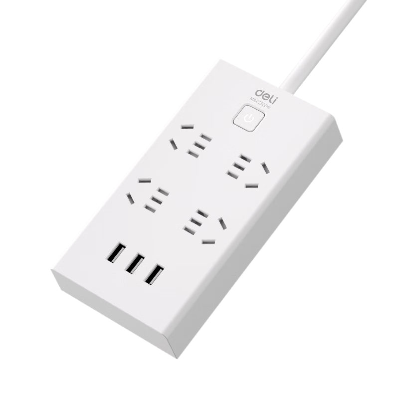 Deli USB Smart Power Strip, Extension Cord/Power Bar/Power Board/Surge Protector, 3 USB Ports + 4 Outlets, 3 Meters Long with Protective Cover, 18282-03
