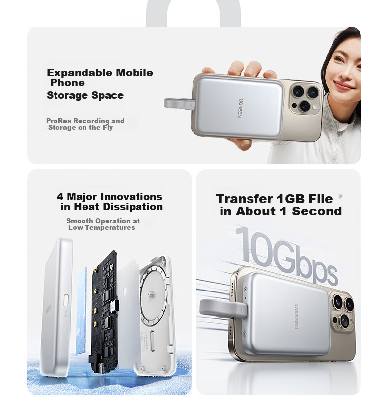 UGREEN Magnetic Hard Drive Enclosure 2230/2280 M.2 NVMe Portable SSD Enclosure Compatible with IPhone 17 Pro, Laptop MacBook External SSD Expansio 3