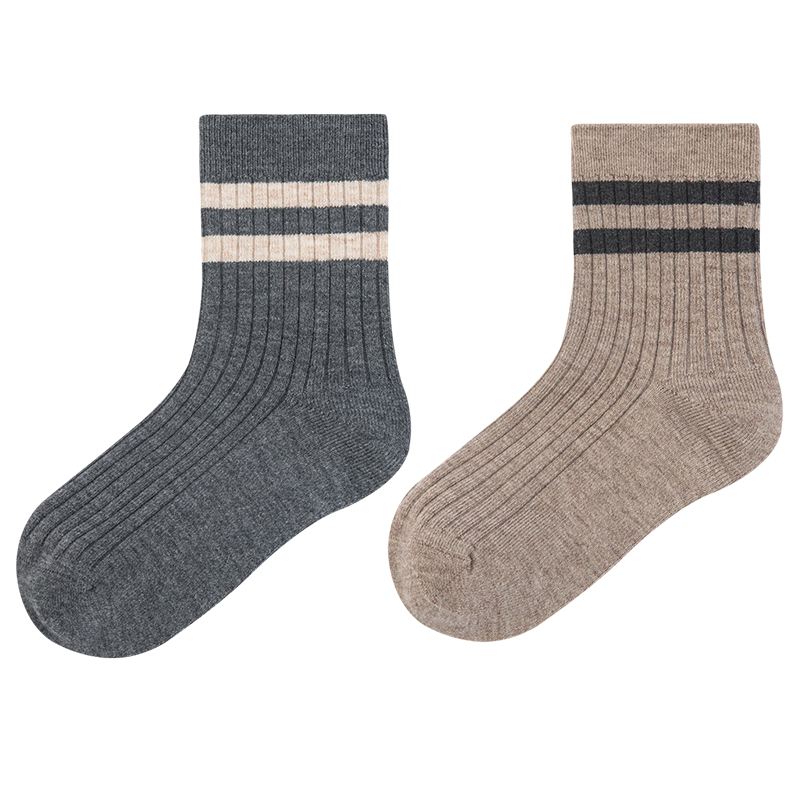 AIMER KIDS Girls' Short Socks with Merino Wool, 3A Antibacterial and Deodorizing, 2 Pairs Pack [2 Warm Sheep Pairs] Medium Gray + Khaki, Size 18