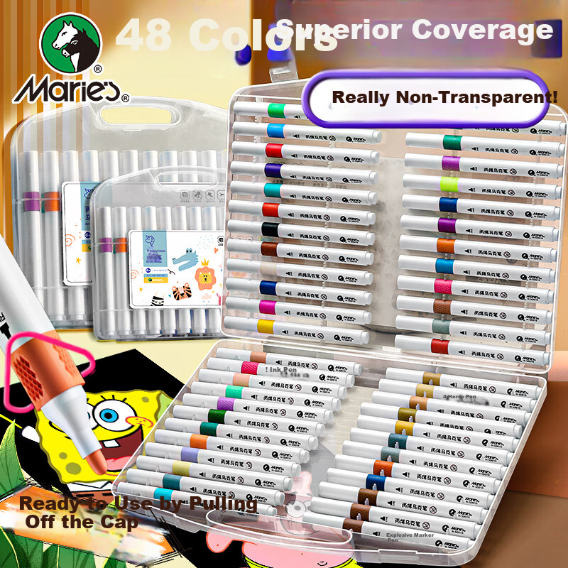 Marie's 12-Color Acrylic Markers, Waterproof, Non-Translucent, Stackable, Guka Watercolor Pens, Washable, Elementary School Children's Doodle Colored Pens, Art Sketching Watercolor Pens