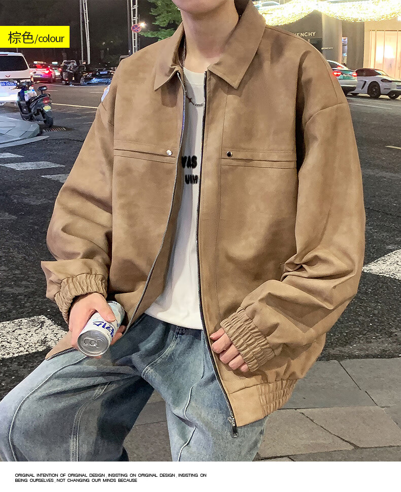 Warrior Men's Casual Leather Jacket Spring Autumn Loose Lapel Workwear Coat Gray XL 12