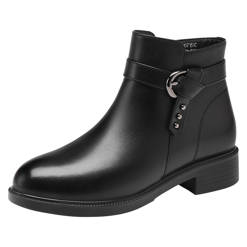 Red Dragonfly Women's Winter Fleece-Lined Warm Chunky Heel Mom Cotton Boots Commuter Lightweight Soft Sole Leather Boots WTC457151C Black Size 39