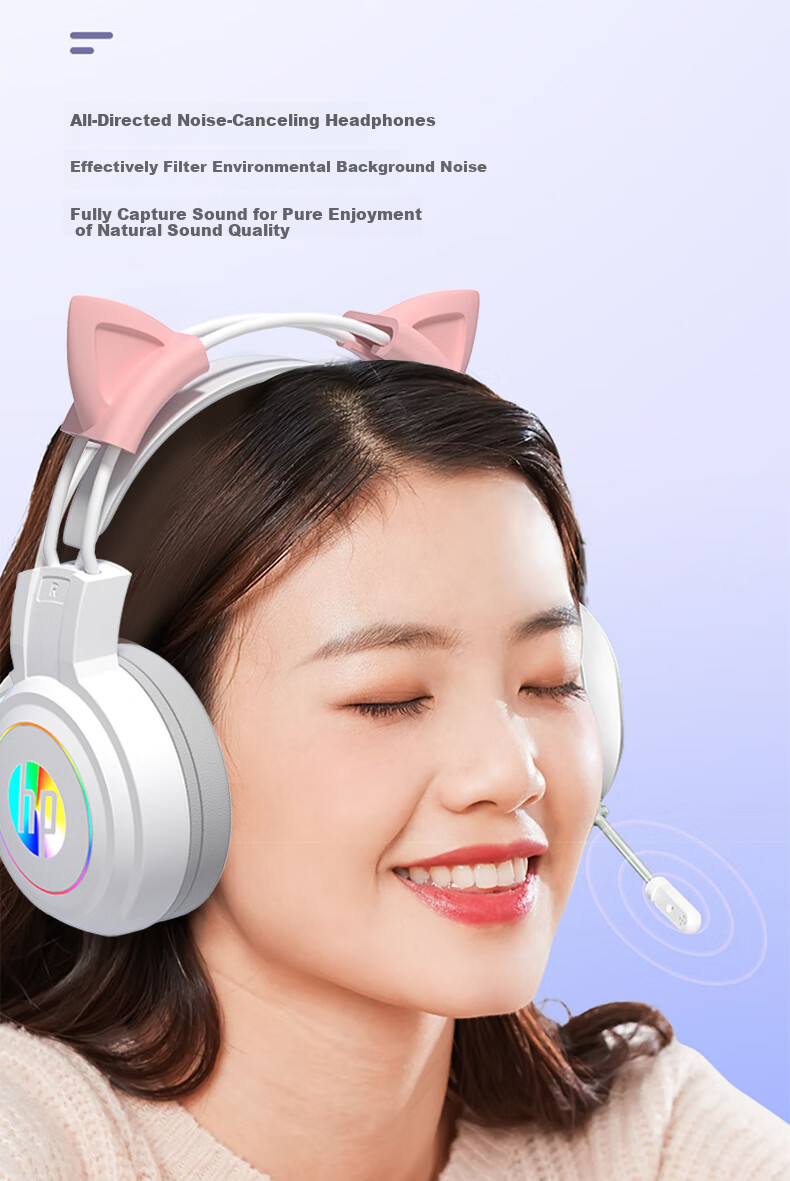 HP H100 Gaming Headset with Microphone for E-Sports, Black Myth: Wukong, Office Work, Study, And Multi-Purpose Use - White USB Interface Cat Ear Set 4
