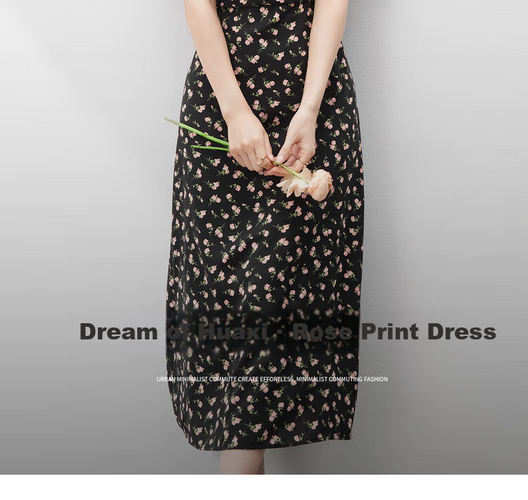 Sentubila V-Neck Trumpet Sleeve Floral Print Dress for Women, Summer Waist-Cinching Slimming A-Line Floral Dress, Romantic Mid-Length Dress with Rose Patter 1