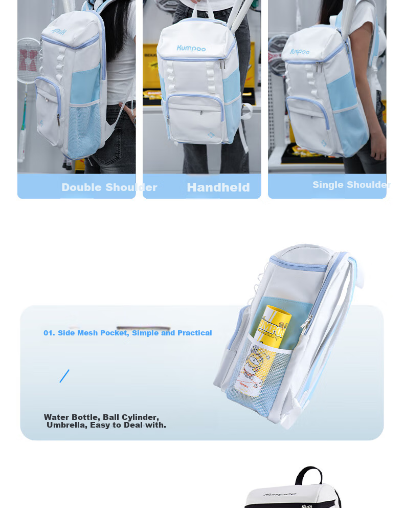 KUMPOO Badminton Bag with Separate Shoe Compartment, Multi-Compartment Fumigation Wind Double Zipper Multifunctional Backpack Shoulder Bag White And Black KBR-636 5