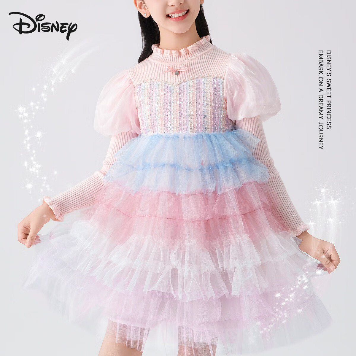 Disney Children's Long Sleeve Dress Autumn Winter Knitted Mesh Princess Dress TD3EQ007 Rainbow Pink 110