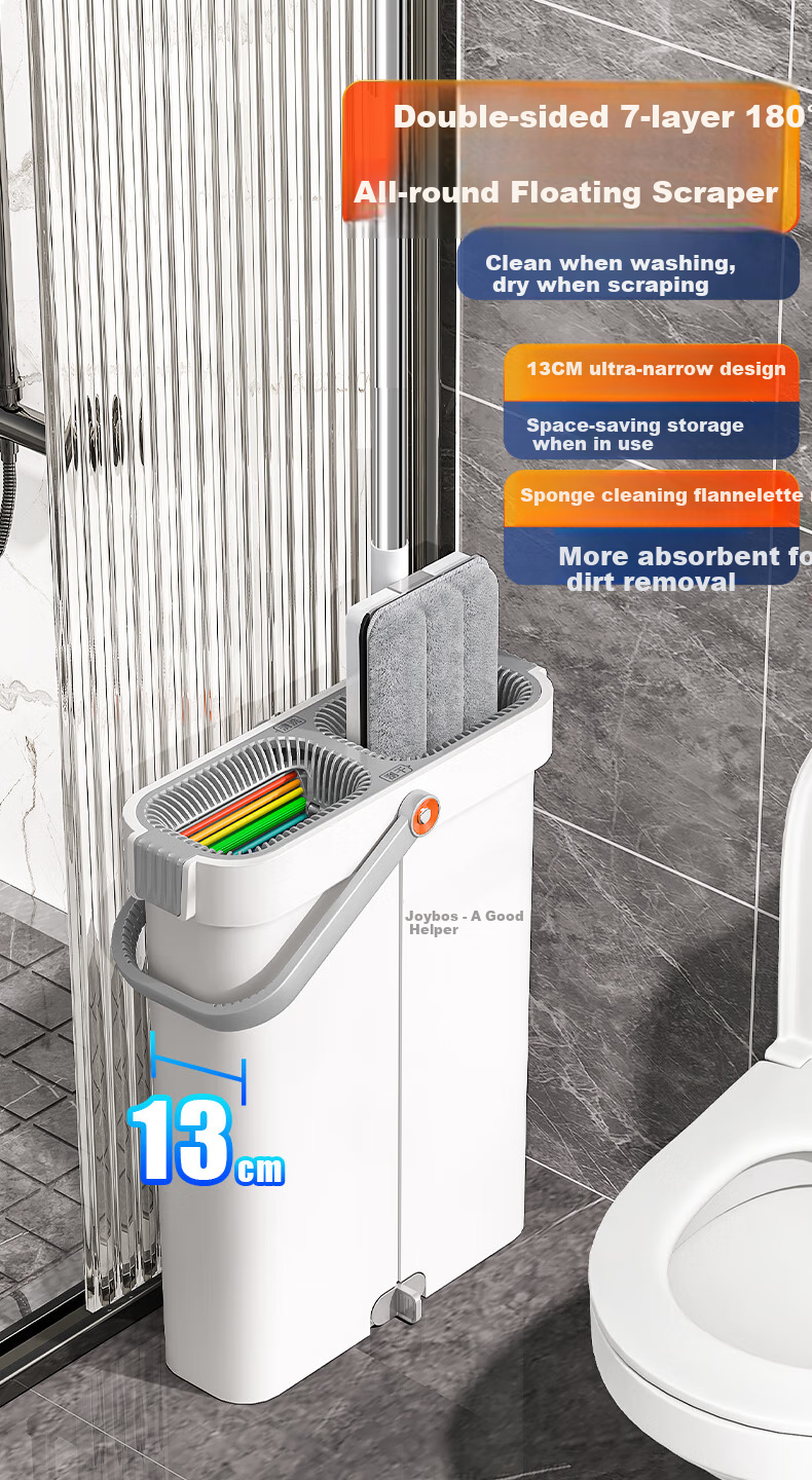 Jiabangshou Flat Mop with Scraper, 33cm Handle, 124cm Total Length, 2 Pieces with Mop Head And Bucket, All-In No-Hand Washing Tool 1