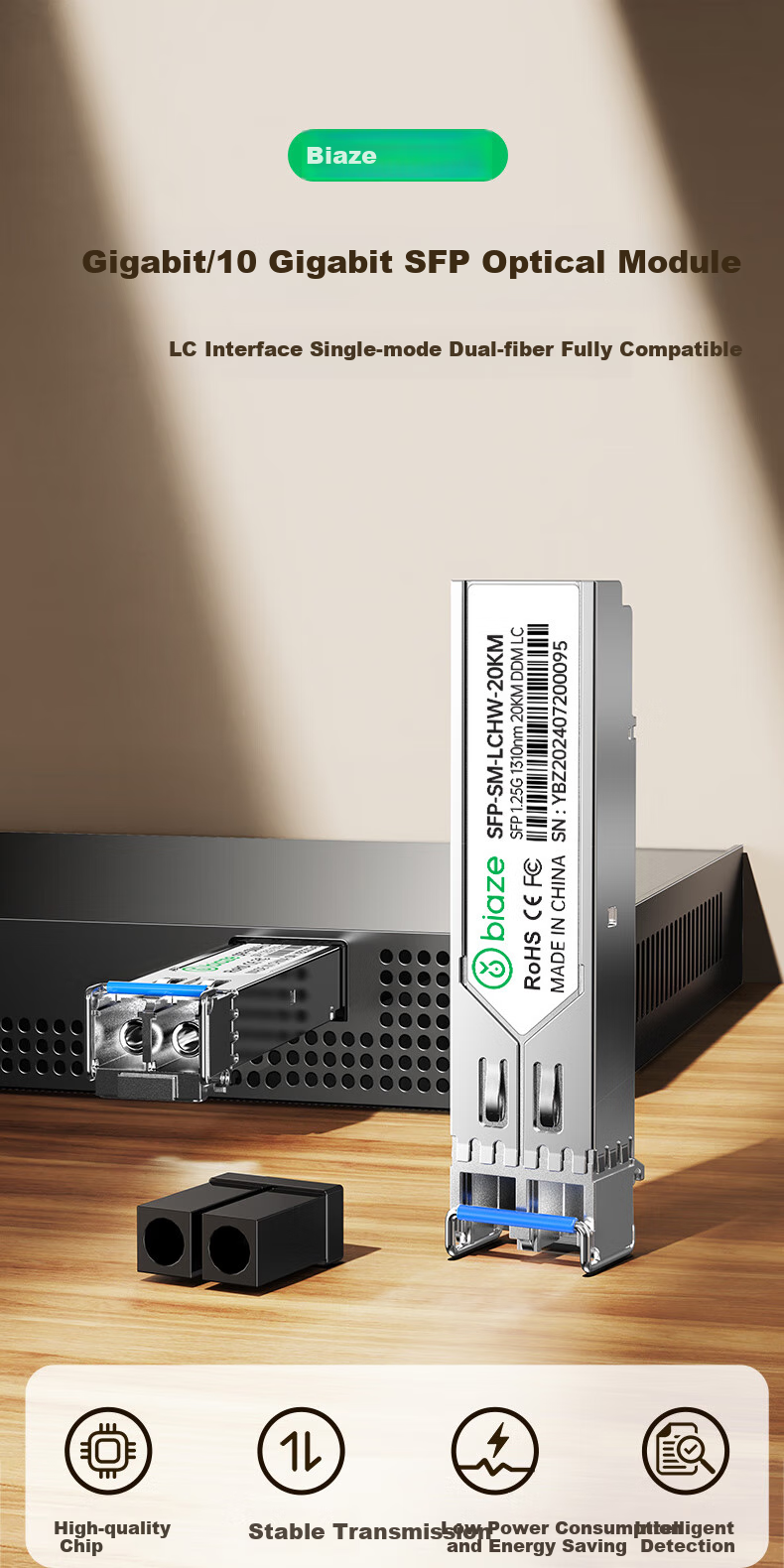 BIAZE Fiber Optic Transceiver Gigabit Single-Mode Single-Fiber Lightning Surge Protection Optical Converter Telecom Grade SC Interface Network Monitoring Adaptive 3KM Pair 1