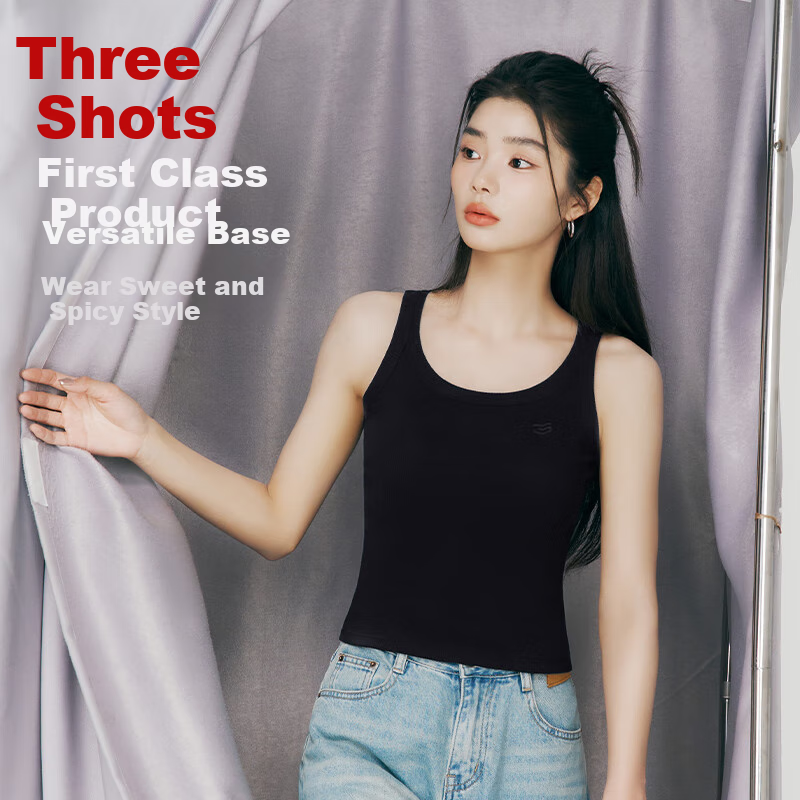 THREEGUN Women's Cotton Camisole Tank Top, Ribbed Slim-Fit Undershirt, Sexy Inner Wear, Seamless Integrated Knit, 2-Piece Set