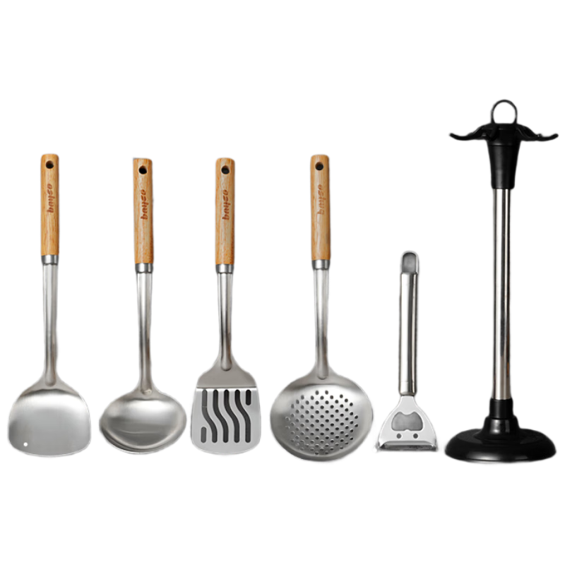 Bayco 6-Piece Stainless Steel Kitchen Utensil Set with Spatula, Soup Ladle, Slotted Spoon, Peeler, and Utensil Holder TZ19954