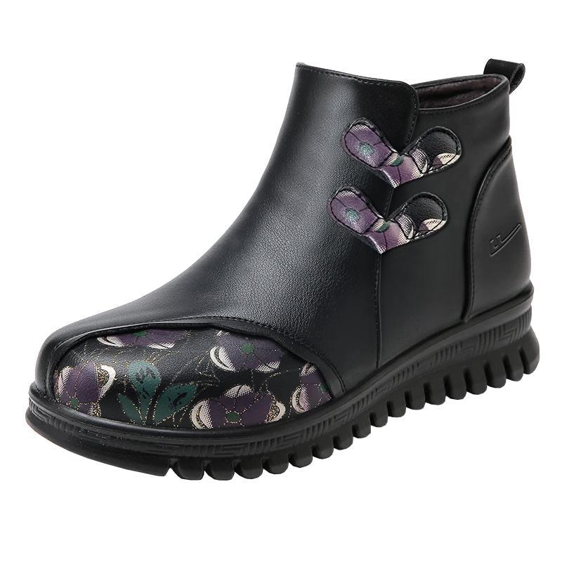 Warrior Winter Cotton Shoes Non-Slip Elderly Short Boots Mid-Aged Women Fleece Lined Warm Leather Shoes Winter Model 1731 Black Size 41