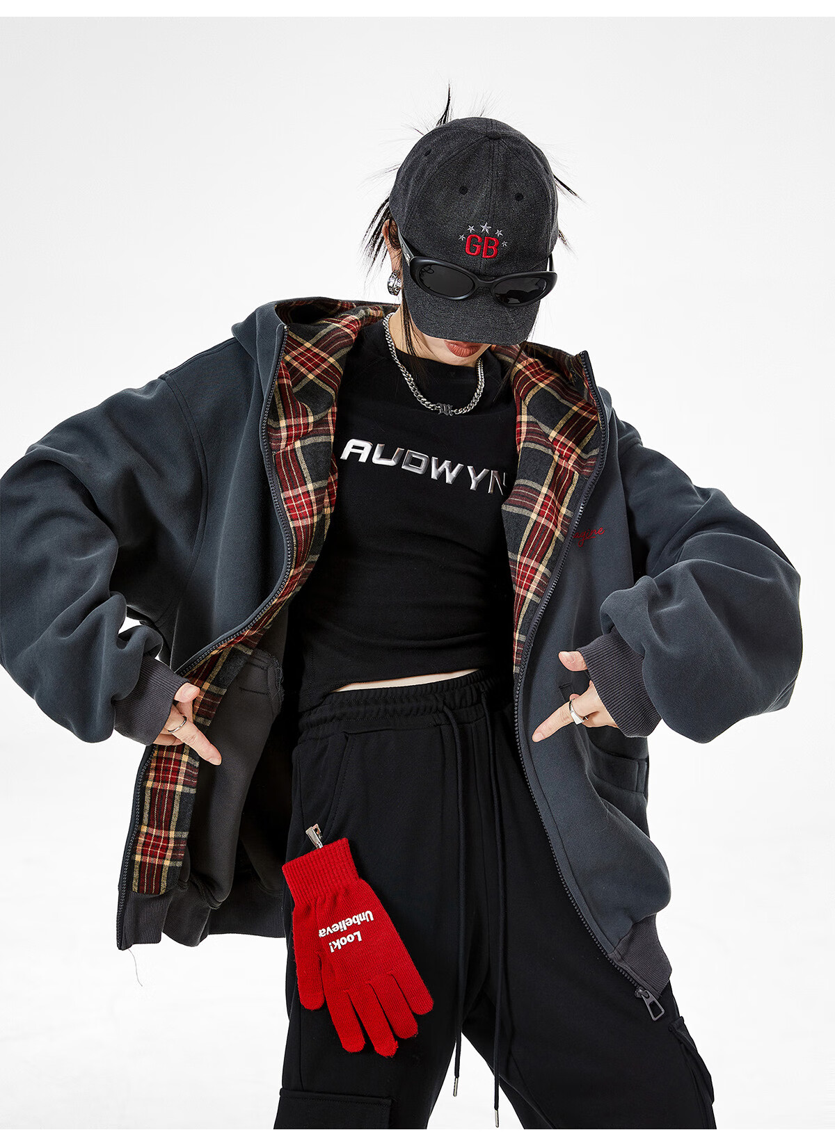 ICH MODE Celebrity Style American Plaid Patchwork Cardigan Sweatshirt Autumn Jacket Sports Cardigan Top Women Heather Gray XL 1