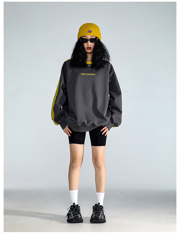 ICH MODE American Style Crewneck Pullover Sweatshirt Vintage Striped Women's Spring Autumn Long Sleeve Loose Sports Jacket Blue M 13