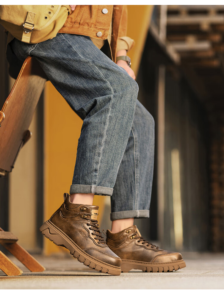 Bull Family Martin Boots Men Autumn Winter Retro British Work Boots High Top Lace-up Casual Short Boots Men's Thick Sole Height Increasing Boots 15