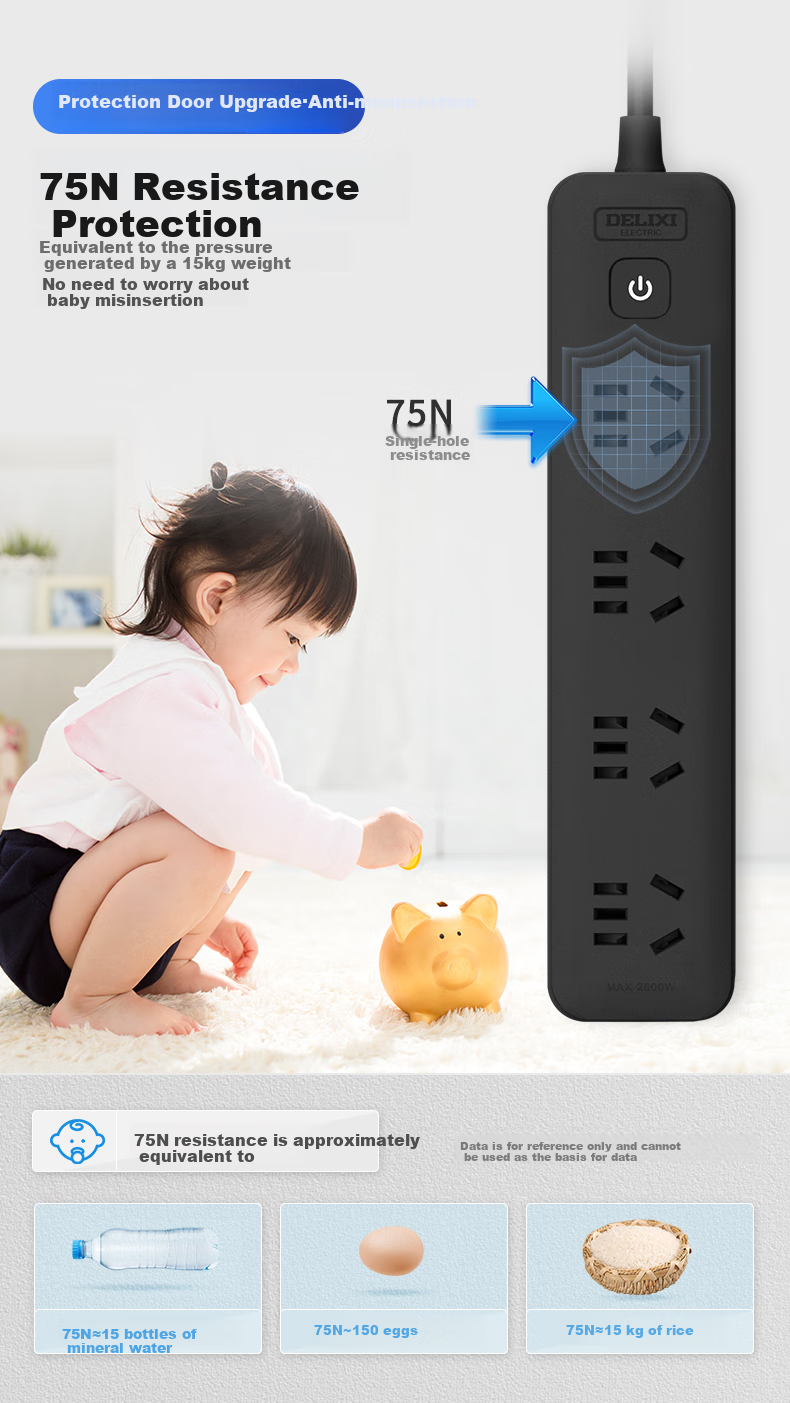 DELIXI National Standard Power Strip/surge Protector/power Bar/extension Cord/extension Strip/power Board 3 Outlets with Master Switch, Total Length 1.8 Meters, Black 3