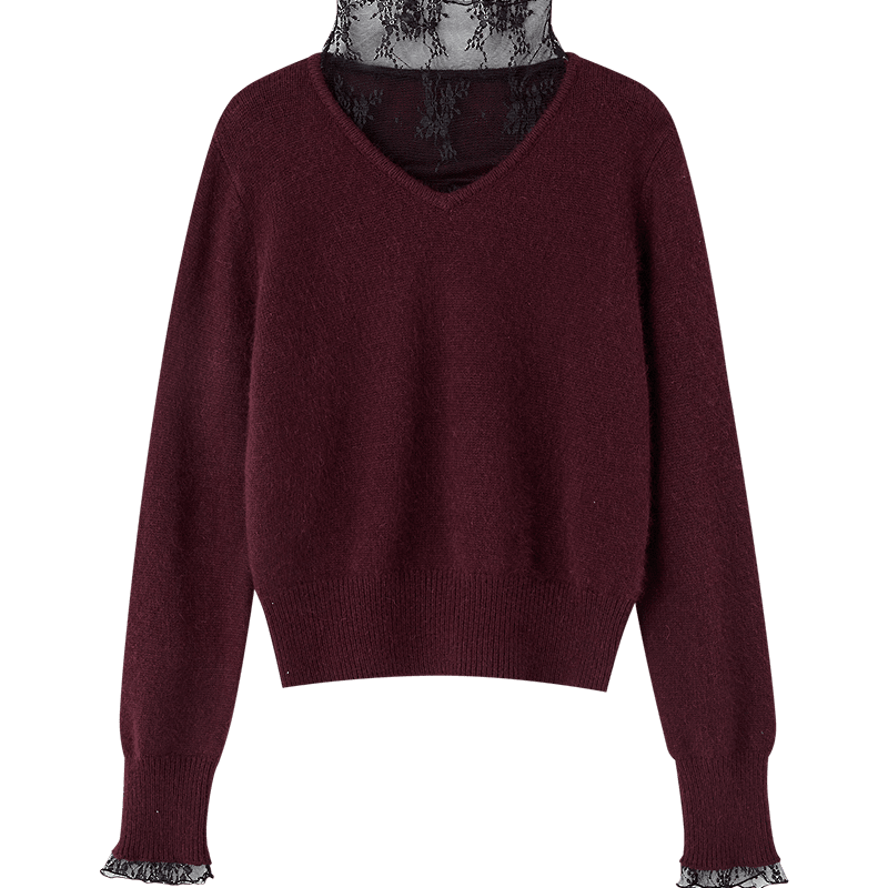 Demana Zhenxiang 100% Wool Autumn Vintage Turtleneck Lace Spliced Knit Sweater for Women