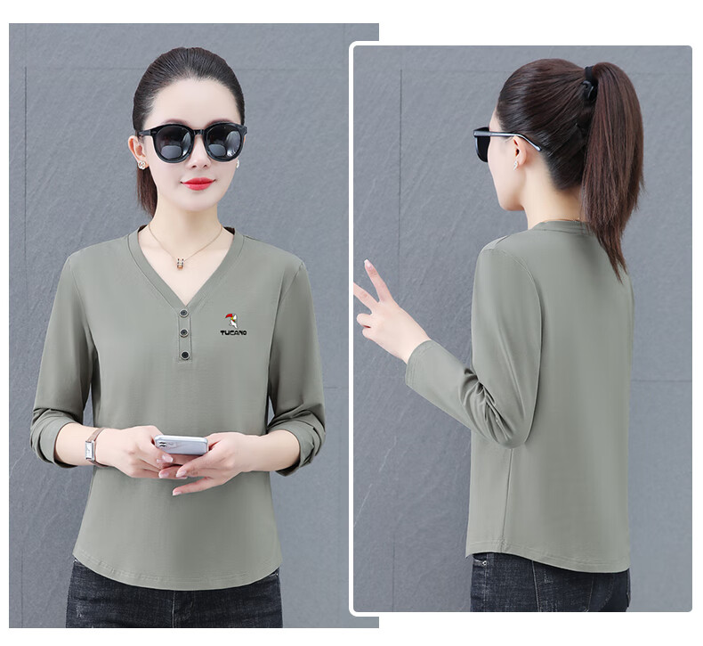 Woodpecker V-Neck Raglan Long Sleeve T-Shirt Women Autumn New Pure Cotton Fashion Casual Plus Size Base Shirt Top Gray Green 2XL 12