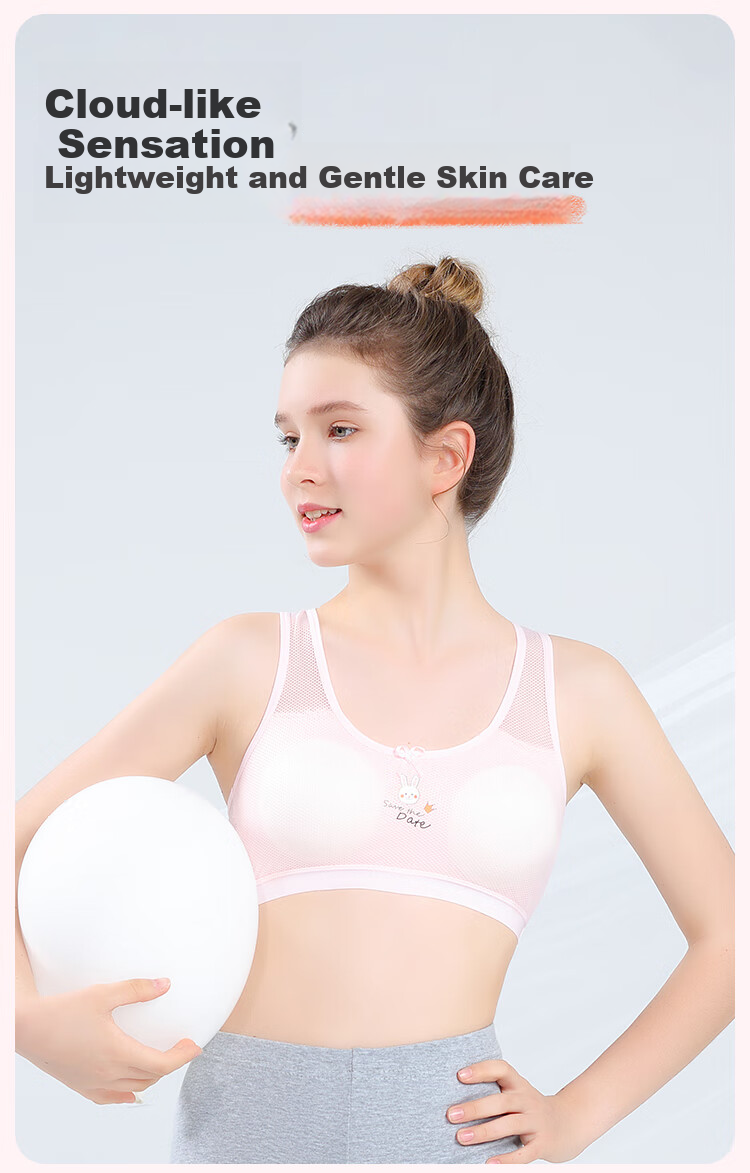 LangSha Children's Underwear, Girls' Sports Bra, Shock-Absorbing, Big Girls' Bra, Developmental Student Vest, 2 Pieces, White + White, 75A 7