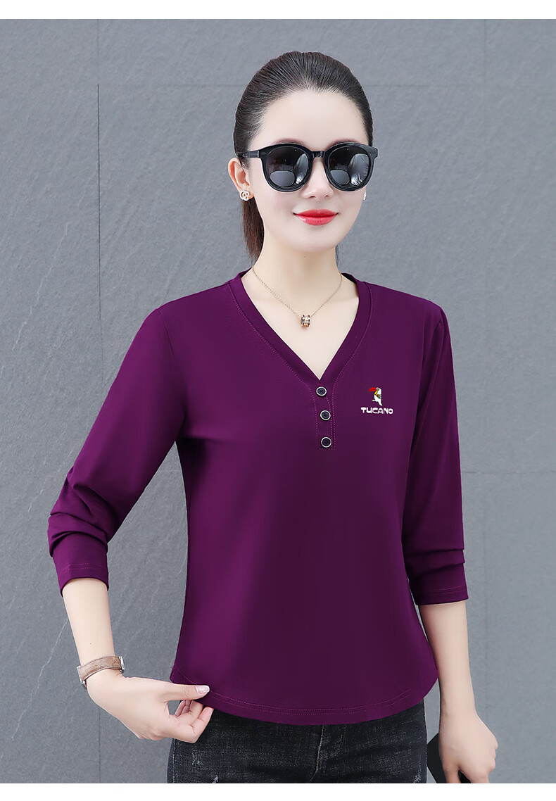 Woodpecker V-Neck Raglan Long Sleeve T-Shirt Women Autumn New Pure Cotton Fashion Casual Plus Size Base Shirt Top Gray Green 2XL 14