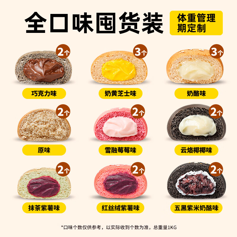 暴肌独角兽全麦面包欧包混合馅料面包早餐代餐健身休闲零食6口味混合1kg