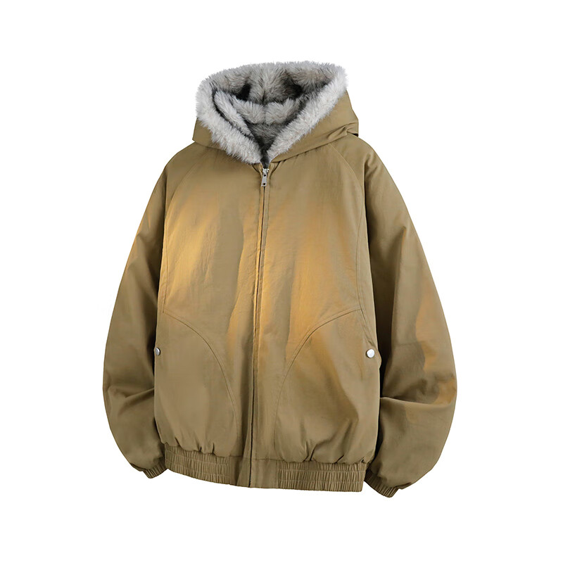 VUUG High Street Fur Collar Cotton Jacket Unisex Winter Loose Thickened Fleece Parker Coat Brown S