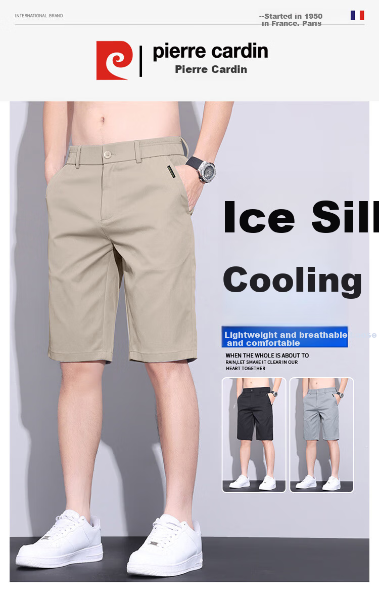 Pierre Cardin Men's Shorts, Summer Lightweight Breathable Casual Pants, Loose Straight-Leg Five-Point Shorts for Men, Light Gray, Size 33 1