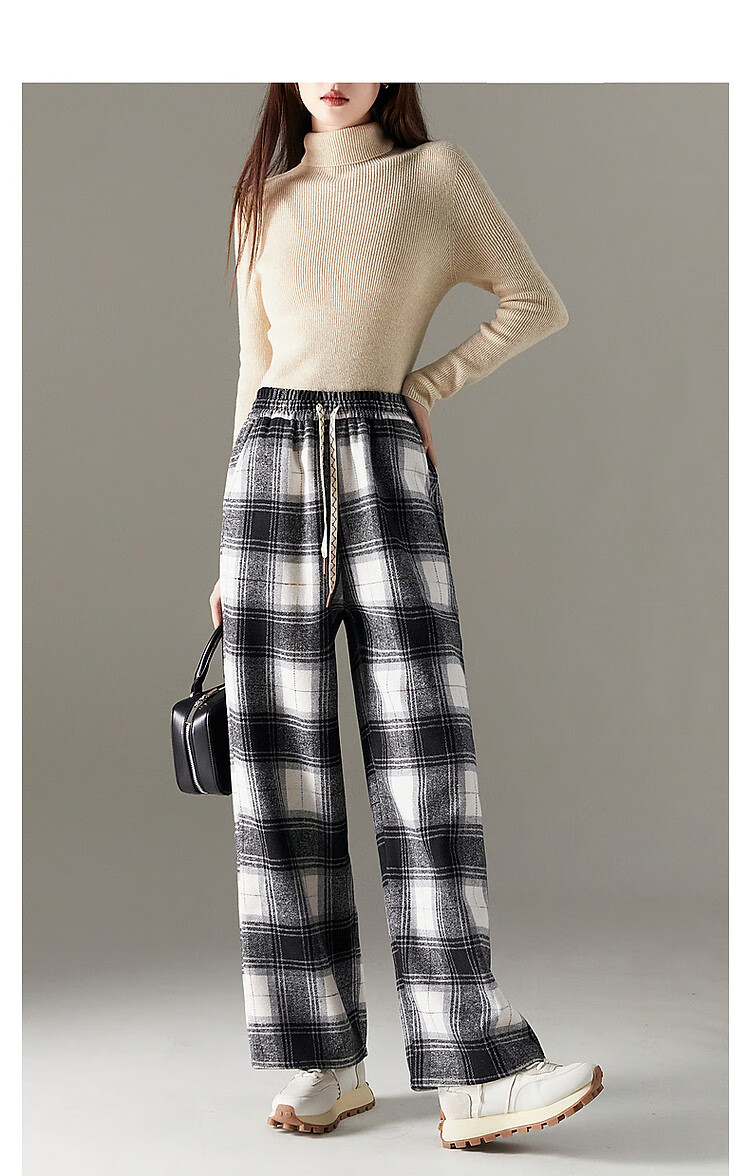 Demana [Fashion Plaid] Winter Little Chanel Style Elastic Waist Wide Leg Pants Fleece Lined Slightly Stretchy Casual Trousers for Women 10