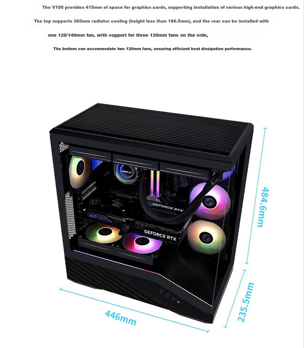 LIANLI Fengyi V100 Computer Case, Seaside View Case, Black / Supports ATX Motherboard / 360mm Water Cooling / Pre-Installed Graphics Card Bracket 2