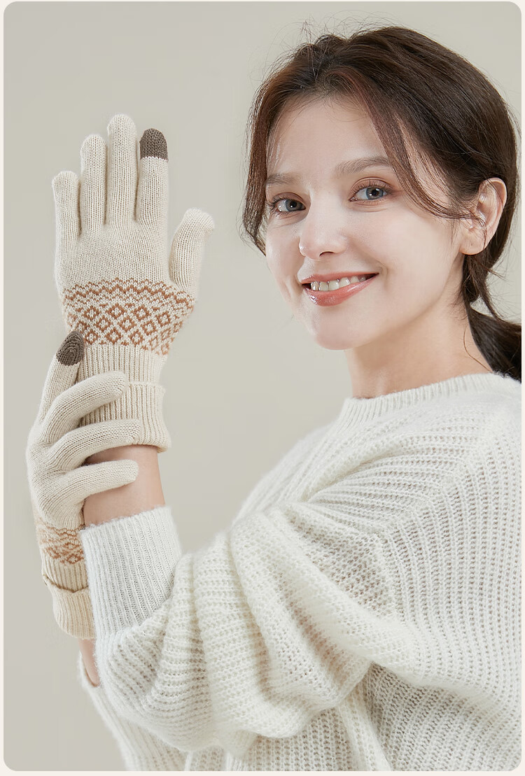 JIUMU 100% Wool Warm Gloves Women Winter Thickened Cold-Resistant Bohemian Style Autumn Winter Touchscreen Knitted Wool Gloves 16