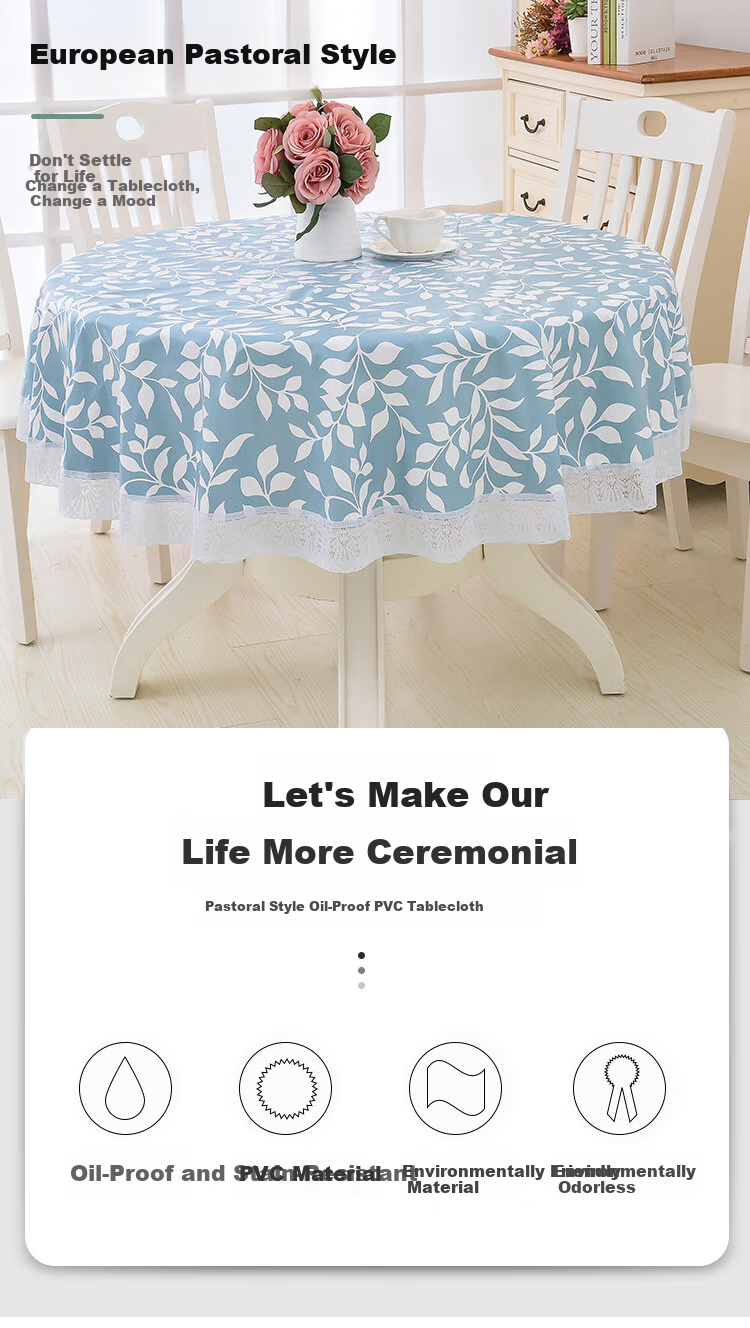 AVIVI PVC Round Tablecloth, Waterproof And Oil-Resistant, Circular Dining Table Cover, Heat-Resistant Coffee Table Mat, Dining Table Pad, 150*150 Cm, Blue Leaves 1