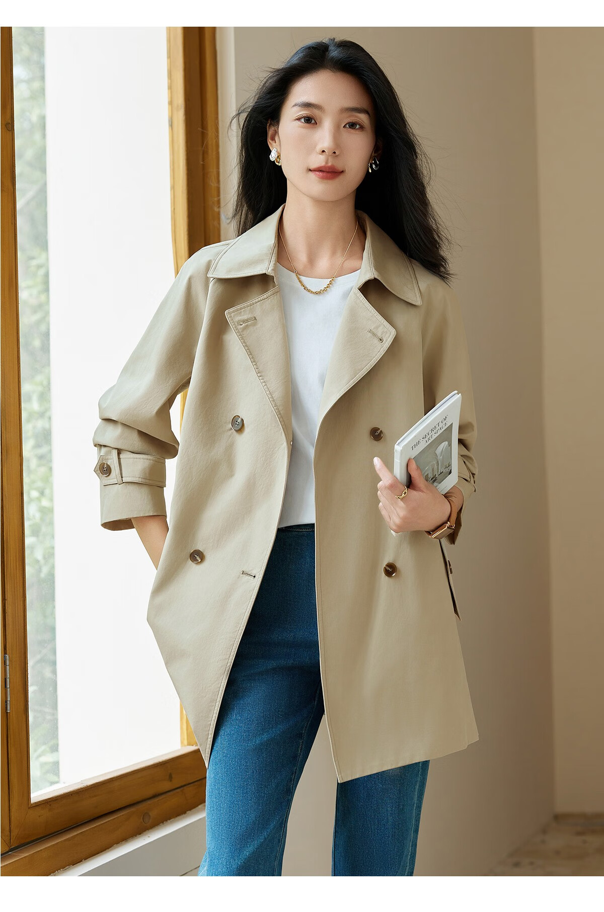 Chushen Spring And Autumn Casual Jacket for Women, Double-Breasted Windbreaker with Raglan Sleeves, British Retro Style Elegant Fashion Top S143U8002 12