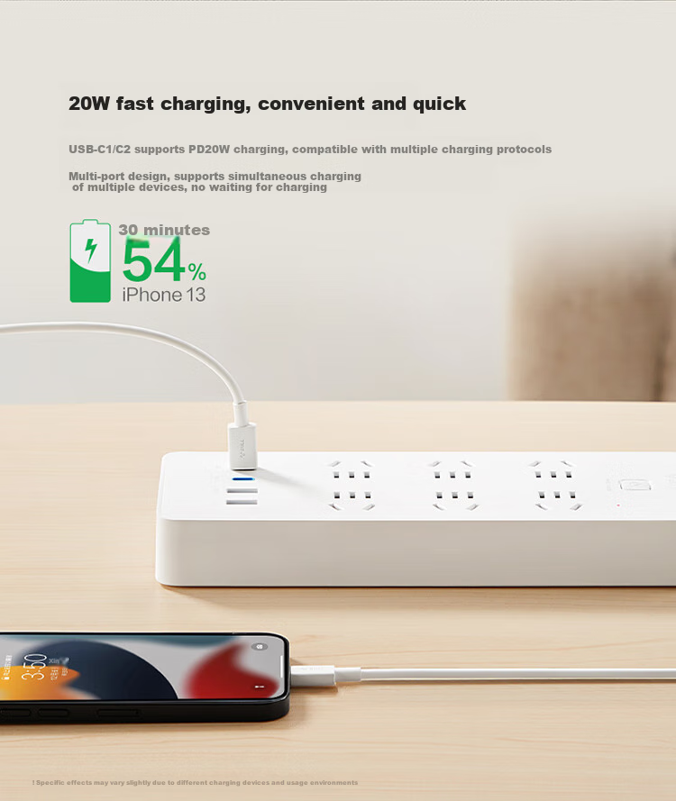 BULL 20W PD Apple Fast Charging Socket/power Strip/outlet Strip/power Board/desk Charger, Type-C + USB + 6 Outlets, Total Length 1.8 Meters with Master Switch, White GNV-U1206 3