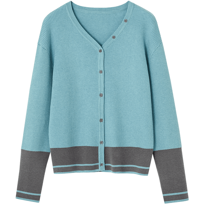 Demana Soft Wool Blend Spring Autumn Gentle V-Neck Colorblock Cardigan Drop Shoulder Knit Top for Women