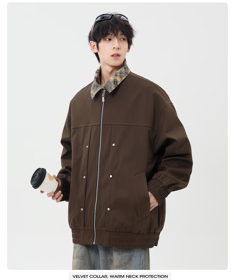 CLOR Men's Autumn Winter Two-Piece Style Casual Plaid Lapel Jacket JK11 Coffee XL 12