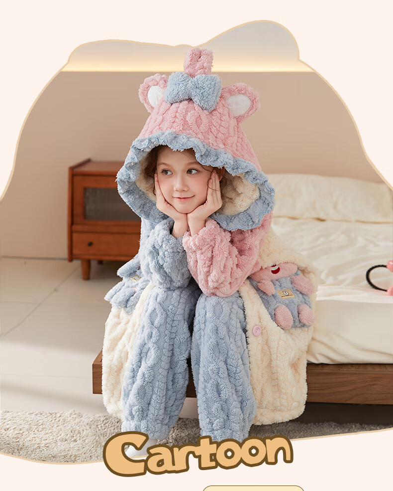 MiiOW Coral Fleece Children's Bathrobe Autumn Winter Thickened Plush Cartoon Warm Homewear for Girls 2025 New Style 1