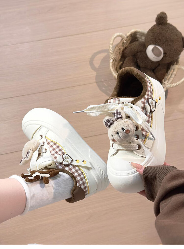 Renben Fleece-Lined Women's Cartoon White Shoes Winter New Cotton Shoes Thick Sole Casual Shoes Khaki Cotton Shoes Size 39 10
