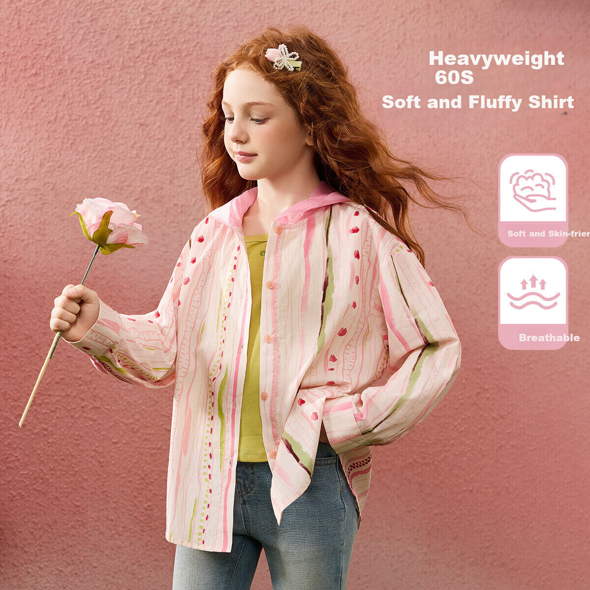 ASK JUNIOR Girls' Jacket, Summer 2026, Breathable Color-Block Hooded Cardigan, Children's Casual Long-Sleeve Shirt, Pink, Size 160