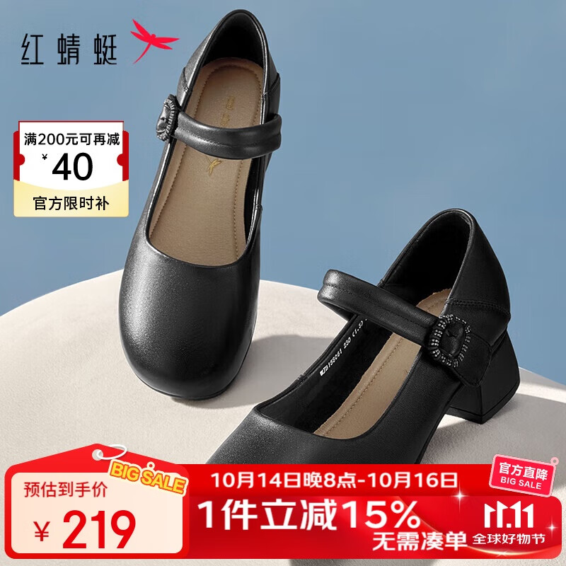 RED DRAGONFLY Shallow Women's Flats, Spring Women's Shoes, Mary Jane Thick Heel Comfortable Women's Shoes WJB15806, Black, Size 35