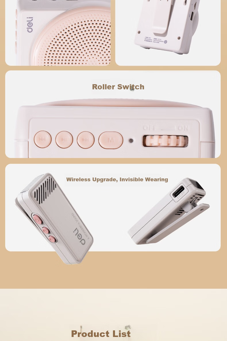 Deli 13W Wireless Magnetic Clip-On Amplifier, Teacher-Specific Bluetooth Speaker, Anti-Howling Loudspeaker, Microphone, Tour Guide Portable Fashionable Mini Baguette, Champagne Color 11