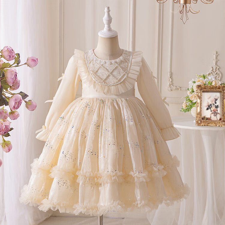 LUOBOBEIBEI Girls Princess Dress Autumn Long Sleeve Puff Dress Fashion Show Wedding Dress for Girls Champagne Color 150cm 1