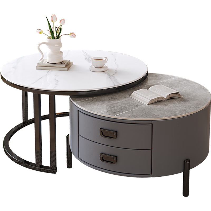 LUOSEN Rock Slab Extendable Coffee Table, Double-Column Living Room Round Table for Various Apartment Sizes, 70cm White And 60cm Gray