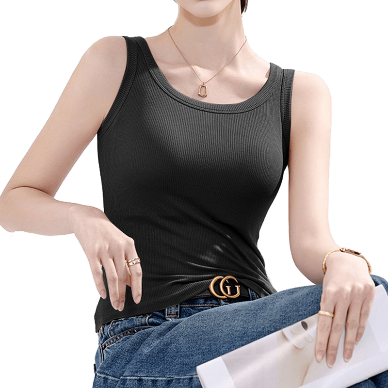 LangSha Women's White Camisole Tank Top, Stylish Sports Undershirt with Ribbed Sleeveless Design for Summer Wear, Black, 2XL