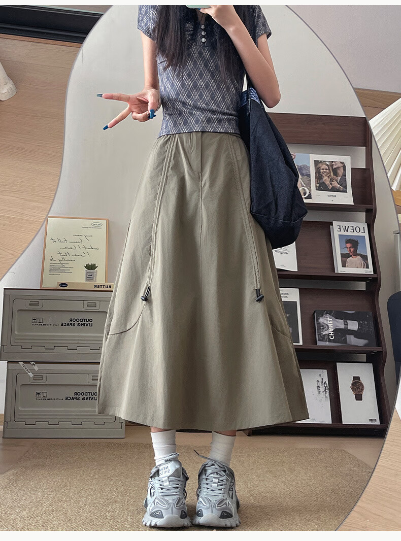 LangSha Gray Workwear Skirt Women Autumn 2025 New High Waist Drawstring A-Line Flared Slim American Casual Half Skirt 5