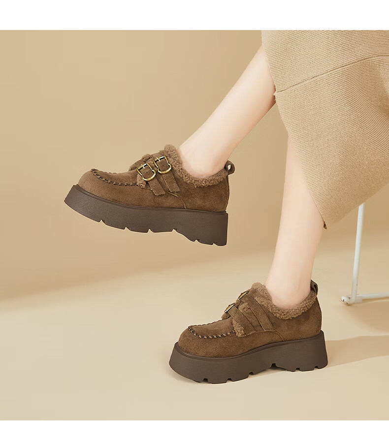 DAPHNE Women's Petite Thick Sole Full Coverage Birkenstock Shoes with Buckle, Fleece Lined, Warm and Fashionable Flats, Brown, Size 37 5