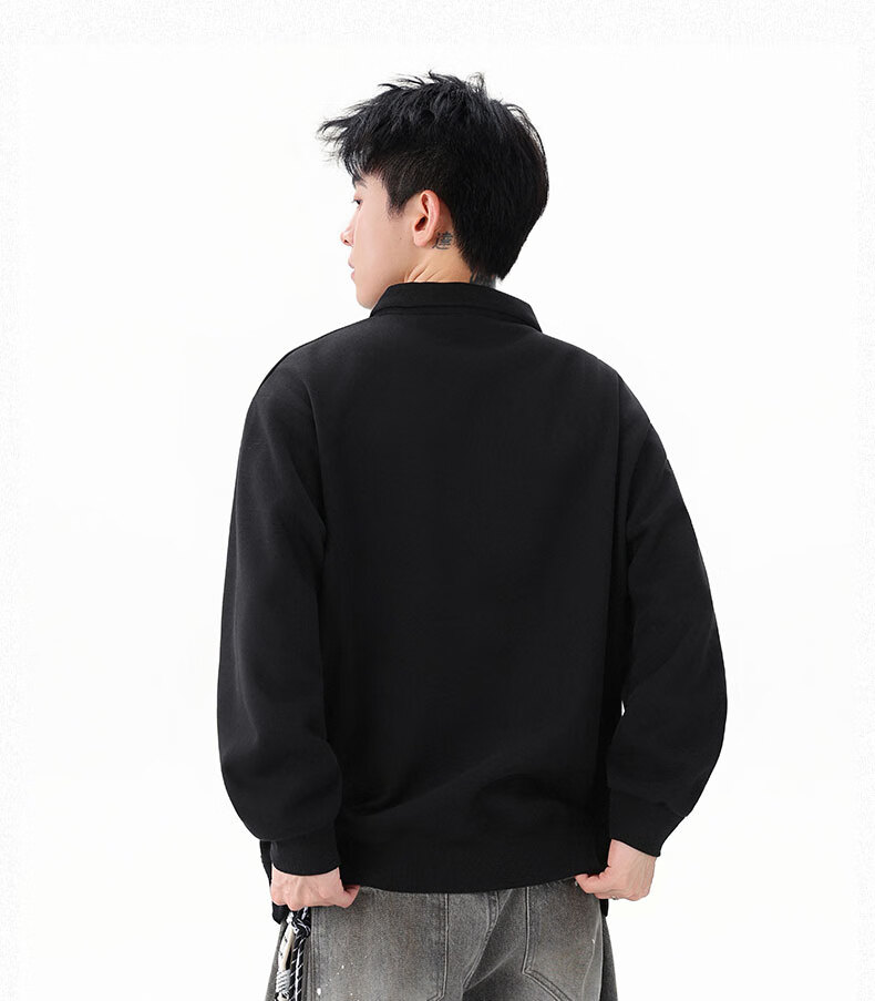 Dingfengbaoluo Heavyweight Polo Collar Sweatshirt Men Autumn Winter Trendy Casual Loose Simple Solid Color Top DQZ10 Black XL 14