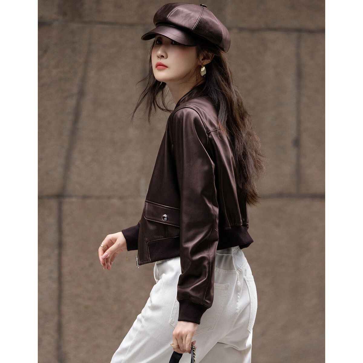 Demana Minimalist Unisex Autumn Motorcycle Style Sheepskin Stand Collar Comfortable Slimming Fashionable Short Jacket for Women